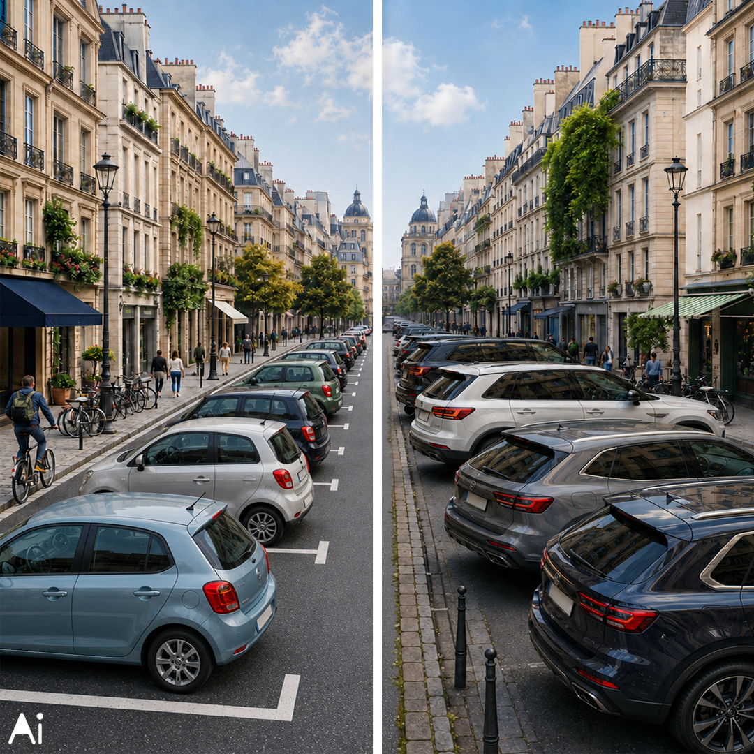 Ilustrație privind impactul dimensiunii autoturismelor asupra parcărilor